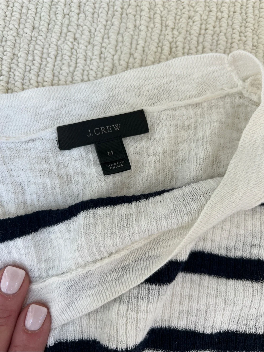 J. Crew White and Navy Striped sheer Knit Top